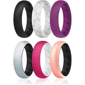 ROQ Silicone Rings for Women, Breathable Silicone Rings, Sets of 6 Bands, Unique Silicone Wedding Ring for Women, Medical Grade Silicone Rubber Band - Black, Purple, White, Pink Colors - Size 6