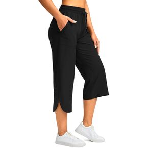 Soothfeel Women's Capri Pants with Pockets Loose Lightweight Hiking Travel Pants Wide Leg Capri Pants for Women Casual Summer Black