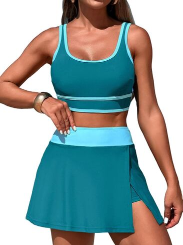 Women's High Waisted Bikini Sets Tummy Control Swim Skirt Two Piece Swim Suit Tummy Control Color Block Bathing Suit in Saudi Arabia