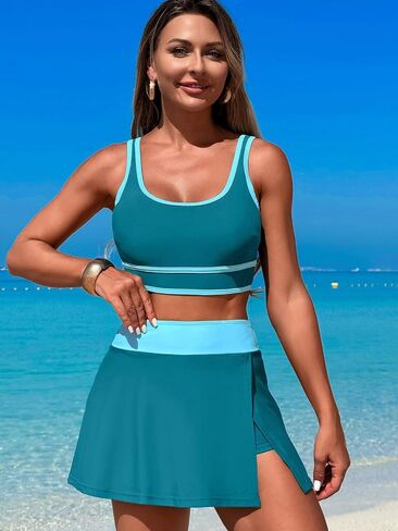 Women's High Waisted Bikini Sets Tummy Control Swim Skirt Two Piece Swim Suit Tummy Control Color Block Bathing Suit in Saudi Arabia
