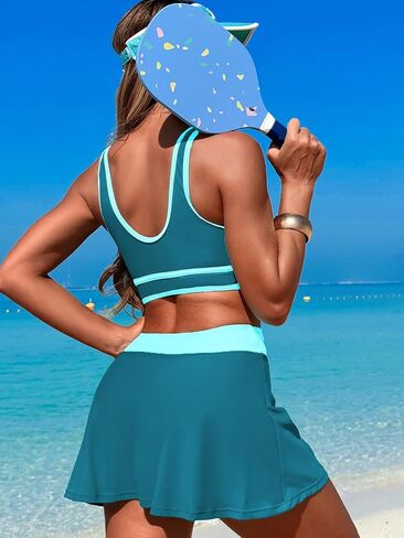 Women's High Waisted Bikini Sets Tummy Control Swim Skirt Two Piece Swim Suit Tummy Control Color Block Bathing Suit in Saudi Arabia