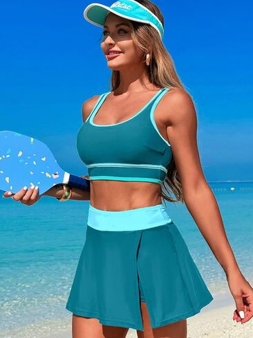 Women's High Waisted Bikini Sets Tummy Control Swim Skirt Two Piece Swim Suit Tummy Control Color Block Bathing Suit in Saudi Arabia