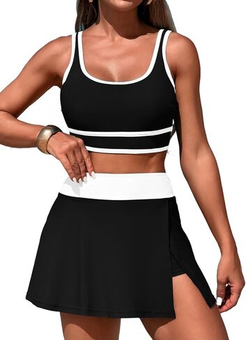 Women's High Waisted Bikini Sets Tummy Control Swim Skirt Two Piece Swim Suit Tummy Control Color Block Bathing Suit in Saudi Arabia