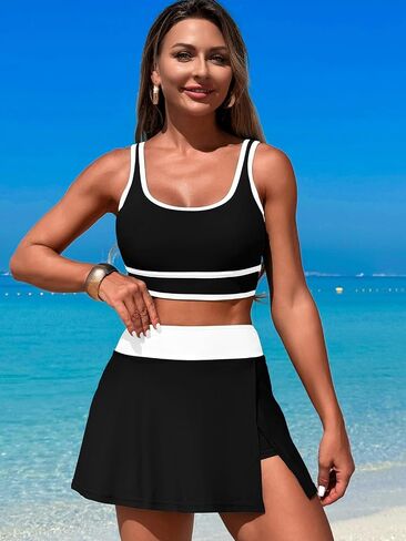 Women's High Waisted Bikini Sets Tummy Control Swim Skirt Two Piece Swim Suit Tummy Control Color Block Bathing Suit in Saudi Arabia