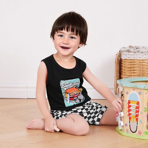 Toddler Baby Boy Clothes Sleeveless Tank Tops + Striped Print Jogger Shorts with Pockets 2Pcs Summer Outfits in Saudi Arabia