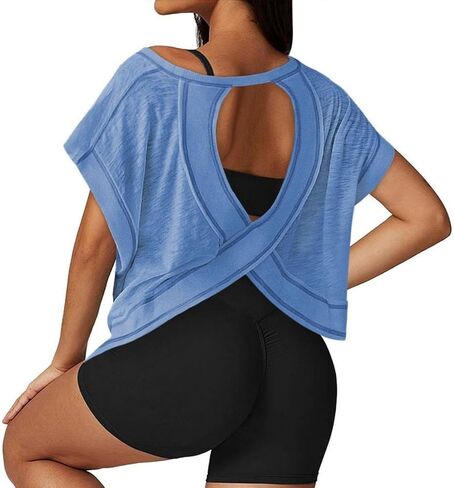 Open Back Workout Tops for Women Athletic Tee Short Sleeve Gym Yoga Shirt in Saudi Arabia