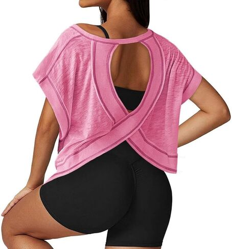 Open Back Workout Tops for Women Athletic Tee Short Sleeve Gym Yoga Shirt in Saudi Arabia