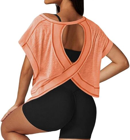 Open Back Workout Tops for Women Athletic Tee Short Sleeve Gym Yoga Shirt in Saudi Arabia