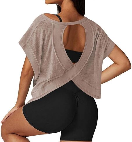 Open Back Workout Tops for Women Athletic Tee Short Sleeve Gym Yoga Shirt in Saudi Arabia