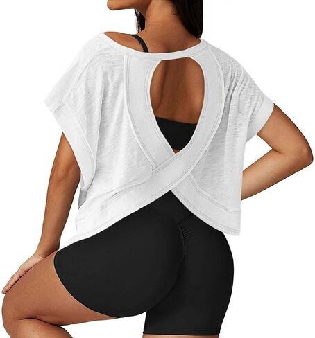 Open Back Workout Tops for Women Athletic Tee Short Sleeve Gym Yoga Shirt in Saudi Arabia