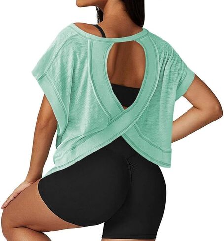 Open Back Workout Tops for Women Athletic Tee Short Sleeve Gym Yoga Shirt in Saudi Arabia