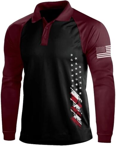 Men's Polo Shirt Long Sleeve Quick Dry American Flag Print Graphic Split Color Golf Shirt for Sport in Saudi Arabia