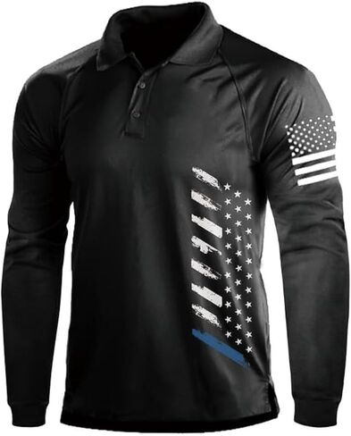 Men's Polo Shirt Long Sleeve Quick Dry American Flag Print Graphic Split Color Golf Shirt for Sport in Saudi Arabia