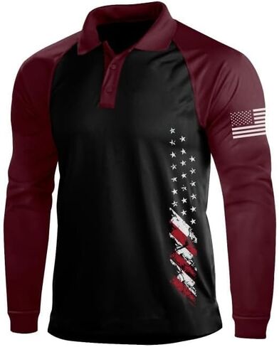 Men's Polo Shirt Long Sleeve Quick Dry American Flag Print Graphic Split Color Golf Shirt for Sport in Saudi Arabia