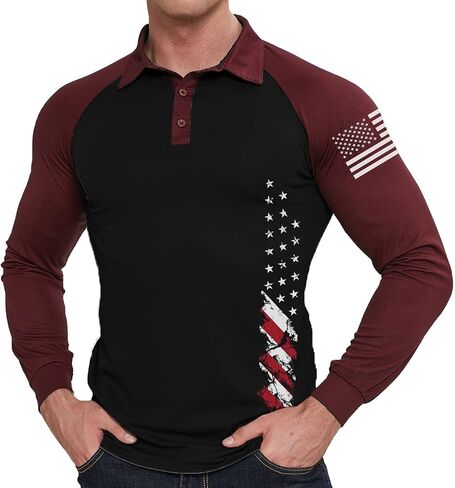 Men's Polo Shirt Long Sleeve Quick Dry American Flag Print Graphic Split Color Golf Shirt for Sport in Saudi Arabia