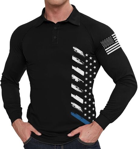 Men's Polo Shirt Long Sleeve Quick Dry American Flag Print Graphic Split Color Golf Shirt for Sport in Saudi Arabia