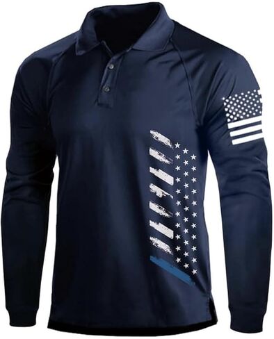 Men's Polo Shirt Long Sleeve Quick Dry American Flag Print Graphic Split Color Golf Shirt for Sport in Saudi Arabia