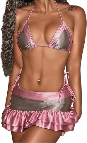 WDIRARA Women's 3pc Swimsuits Color Block Ruffle Hem Triangle Bikini Set with Beach Mini Skirt Women's in Saudi Arabia