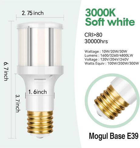 قاعدة موجول 2 حزمة 3 طريقة مصباح كهربائي 100/200/300 واط LED ، PS25 ناعم أبيض 3000K توفير الطاقة LED 10/20/30W لمصباح الأرضيات العتيقة ، العمر 13 سنة in Kuwait