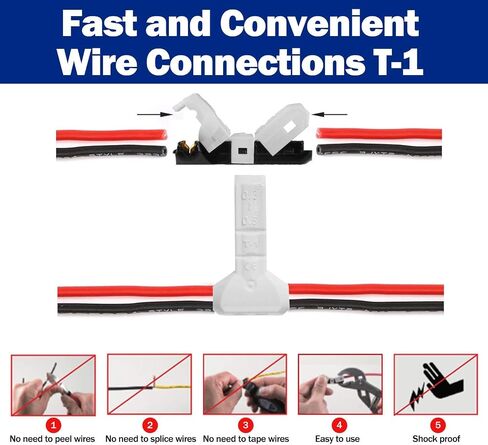 T-Type Wire Connector [T-1] NO Need to Peel NO-Splice NO-Tape and Water Resistant Easy Fast and Safe Electrical Insulated Wire Terminals AGW 23~20(0.3-0.5 sqmm) 3A [10 PCS] in Saudi Arabia