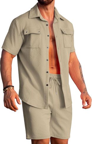 URRU Men's 2 Piece Outfits Summer Short Sets Casual Short Sleeve Button Up Shirt and Short Set in Saudi Arabia