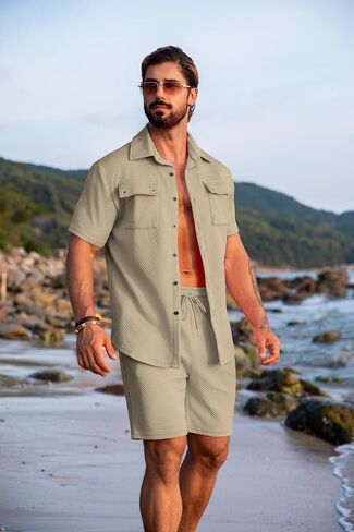 URRU Men's 2 Piece Outfits Summer Short Sets Casual Short Sleeve Button Up Shirt and Short Set in Saudi Arabia
