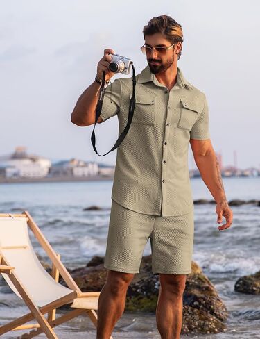 URRU Men's 2 Piece Outfits Summer Short Sets Casual Short Sleeve Button Up Shirt and Short Set in Saudi Arabia
