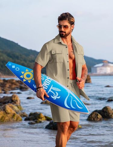 URRU Men's 2 Piece Outfits Summer Short Sets Casual Short Sleeve Button Up Shirt and Short Set in Saudi Arabia