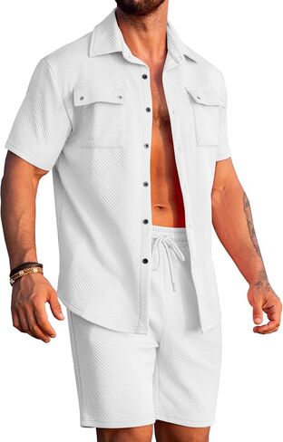 URRU Men's 2 Piece Outfits Summer Short Sets Casual Short Sleeve Button Up Shirt and Short Set in Saudi Arabia