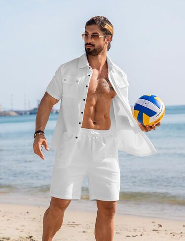 URRU Men's 2 Piece Outfits Summer Short Sets Casual Short Sleeve Button Up Shirt and Short Set in Saudi Arabia