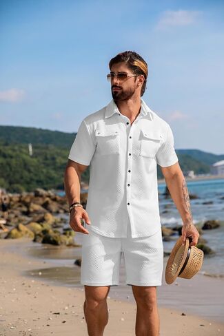 URRU Men's 2 Piece Outfits Summer Short Sets Casual Short Sleeve Button Up Shirt and Short Set in Saudi Arabia
