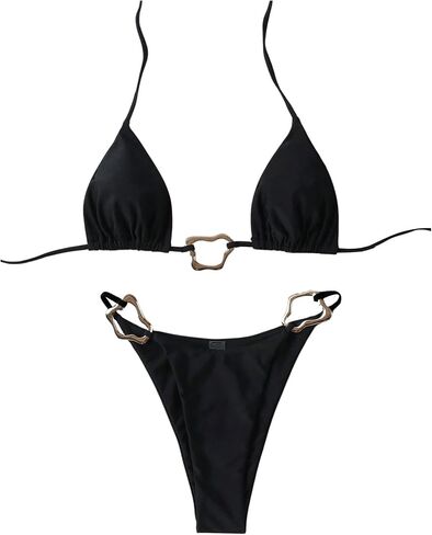 OYOANGLE Women's Ring Linked Triangle Halter Bikini Swimsuit High Cut Bathing Suit Beachwear in Saudi Arabia