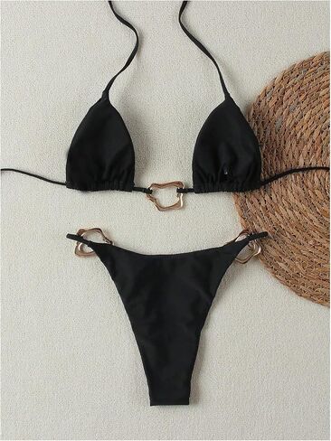 OYOANGLE Women's Ring Linked Triangle Halter Bikini Swimsuit High Cut Bathing Suit Beachwear in Saudi Arabia