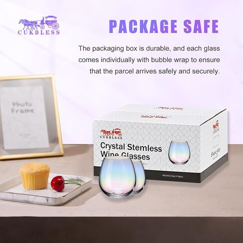 CUKBLESS Stemless Wine Glasses Set of 4, Iridescent Wine Glass for Red or White Wine, 15 OZ in Saudi Arabia