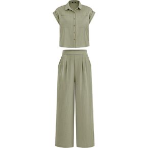 PRETTYGARDEN Women's Summer 2 Piece Outfits Casual Tracksuit Short Sleeve Button Down Shirts Long Pant Lounge Sets 2025
