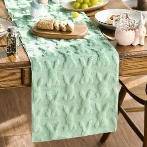 Artoid Mode Sage Green Soft Plush Faux Fur Jacquard Bunny Rabbit Easter Table Runner, Seasonal Kitchen Dining Table Decoration for Home Party Decor 13x72 Inch