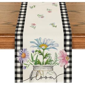 Artoid Mode Buffalo Plaid Daisy Vase Spring Table Runner,Seasonal Summer Floral Kitchen Dining Table Decoration for Home Party Decor 13x72 Inch