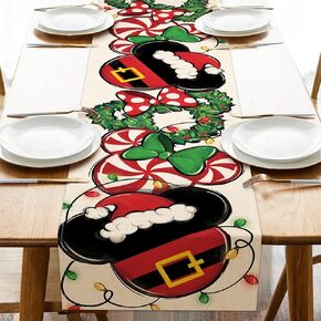 Christmas Table Runner, Xmas Wreath Peppermint Candy Kitchen Dining Table Decoration, Funny Holiday Winter Burlap Indoor Outdoor Home Decor Party Supply 13 x 72 Inches