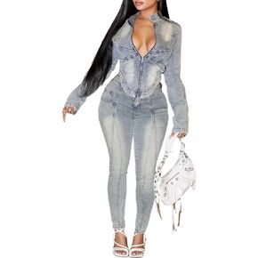 Molilove Women's Two Piece Set Denim Outfits Long Sleeve Zip Up Cropped Jean Jacket Bodycon Pants Fall Y2K Outfits Tracksuit