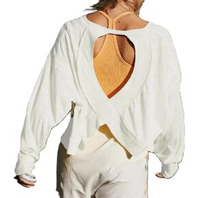 Women Workout Tops Long Sleeve Open Back Crop Shirt Backless Athletic Gym Running Yoga Top Baggy Dressy Shirts