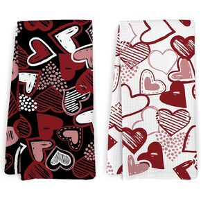 Red and Black Valentines Day Kitchen Towels and Dishcloths Set of 2, Valentines Dish Towels, Valentines Kitchen Decor, Red Black Heart Hand Tea Towels for Bathroom Kitchen, 16x24 Inches