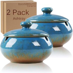 2 Pack Cigarettes Ashtrays with Lid Windproof for Indoor Outdoor, Ceramic Ashtray Built in 3 Cigar Holders,Smoking Ash Tray Decor Home, Desktop, Office,Table, Patio, Bar, KTV, Father/Men/Smokers Gifts