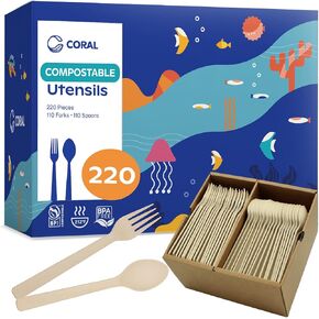CORAL 100% Compostable Spoons & Forks Set 220 Pieces - No Plastic Cutlery 110 Forks, 110 Soup Spoons - Break-Resistant with Smooth Edges, Ocean Friendly Alternative to Plastic Utensils - Biodegradable