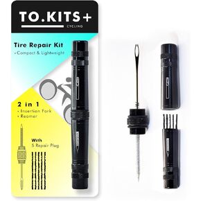 TO.Kits+, Portable Tubeless Tire Repair Kit Black Aluminum, DIY bicycle repair kits, Fix Flat or Puncture in Bicycle, Slim Portable Bike Tool Kit Includes Reamer, Insertion Fork and tire plugs.