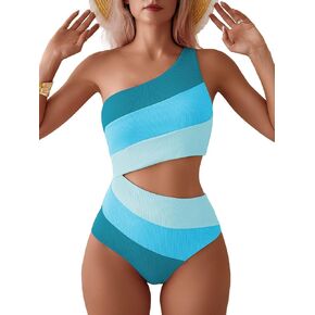TASHEHE Women's One Shoulder One Piece Swimsuit Sexy Color Block Patchwork Bathing Suit Modest Full Coverage Cutout Swimwear
