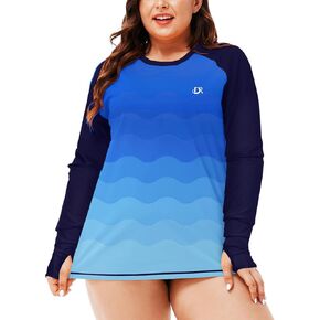Deerose Womens Plus Size Rash Guard Long Sleeve Swim Shirts with Thumb Hole