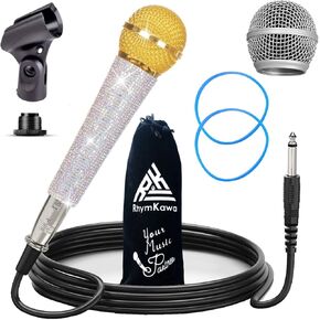 Crystal AB Colored Dynamic Vocal Microphone for Singing with 10FT XLR Cable, Stand Clip Holder and Nut Adapter 5/8" to 3/8", Wired Microfono with Bling Handle Cover for Karaoke Machine, All Metal Body