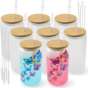 Joyclub 8 Pack Sublimation Glass Cups Blanks with Bamboo Lid 16 OZ Frosted Glass Beer Cans Mason Jar for Iced Coffee Juice Soda Drinks