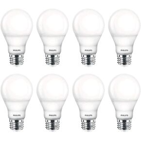 Philips LED 538322 LED Dimmable A19 Soft White Light Bulb with Warm Glow Effect: 800-Lumen, 2700-2200-Kelvin, 9.5-Watt, E26 Base, Frosted, 8-Pack