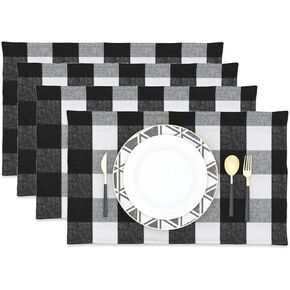 Black & White 2 Side Cotton Buffalo Check Placemats Set of 4 Heat Resistant Dining Table Place Mats for Kitchen Table, 12 x 18 inches